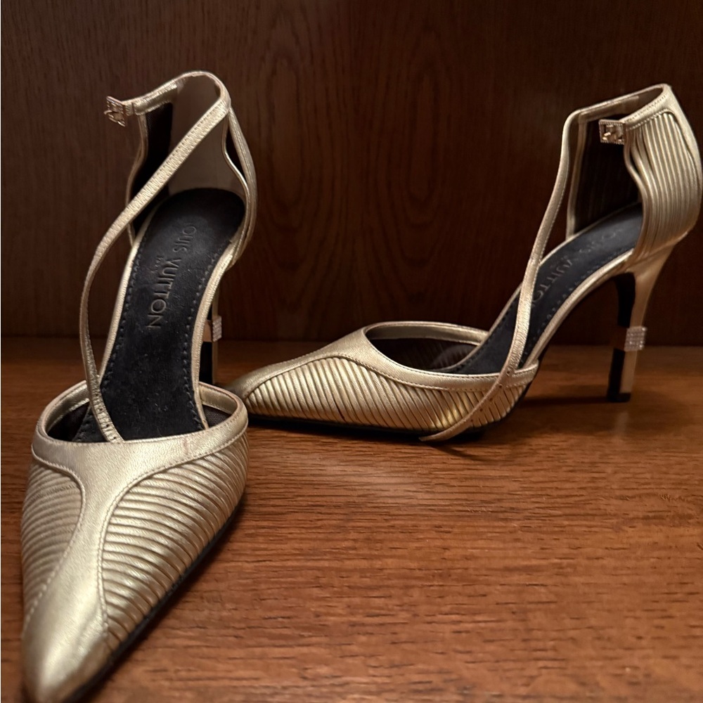 Louis Vuitton Gold Stiletto Heels with Ankle Strap